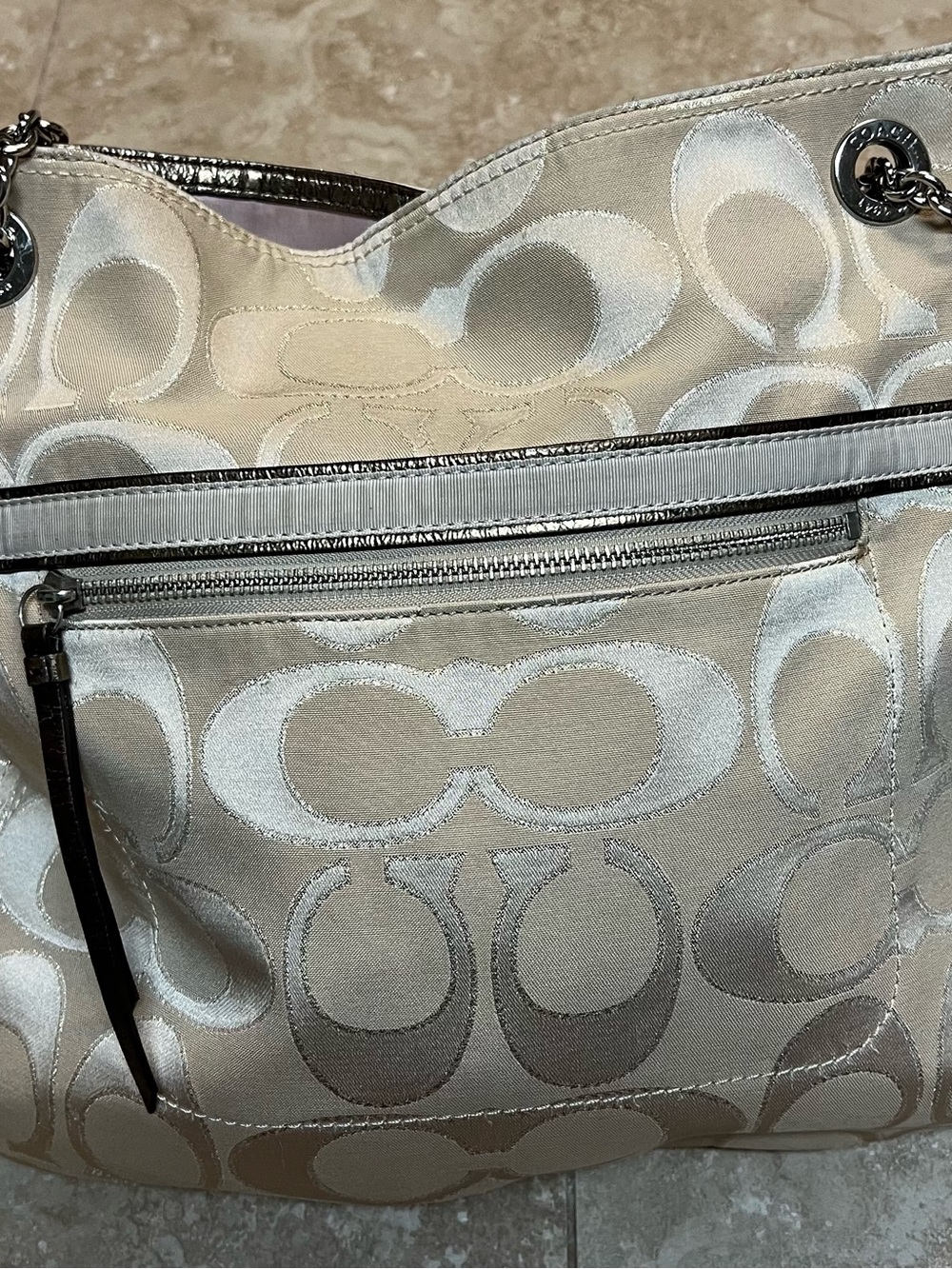 Coach Beige Signature Jacquard Satchel with Silver Hardware